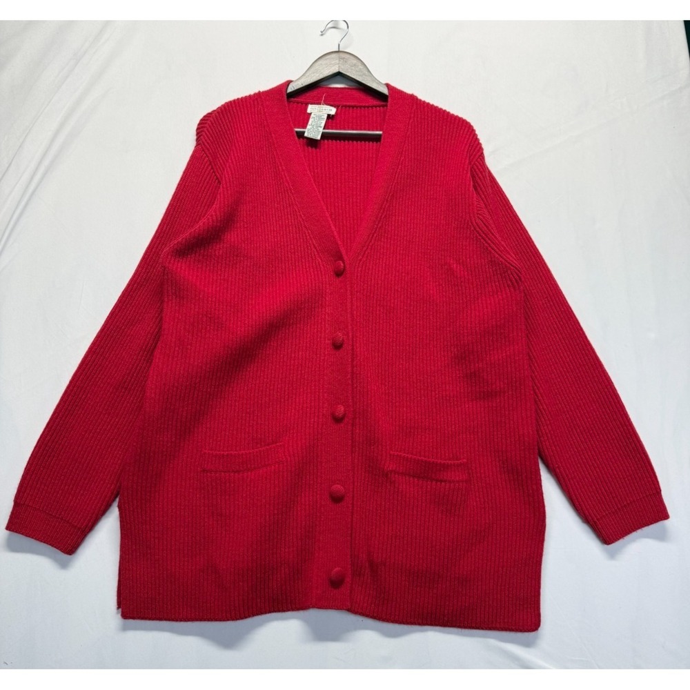 Yarnworks Cardigan Sweater Womens XL Red‎ Acrylic Tight Knit Ribbed Button Front